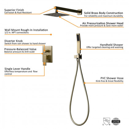 HMR - Wall Mounted Shower System with Handheld Pressure Balance Valve in 12"