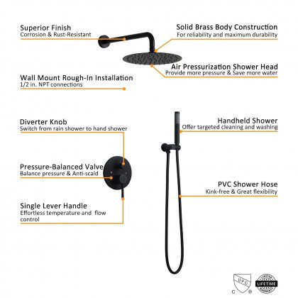 HMR Modern 12" Wall Mounted Rain Shower System with Handheld Shower Set - Black