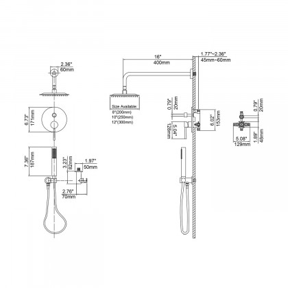 HMR Modern 12" Wall Mounted Rain Shower System with Handheld Shower Set - Black