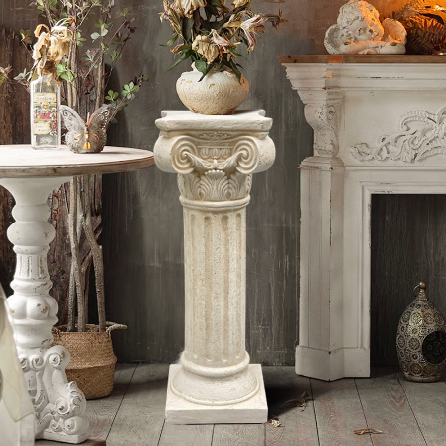 HMR - 32.3" Tall Vintage Corinthian Pillars Square Pedestal Plant Stand Indoor Decor Art White