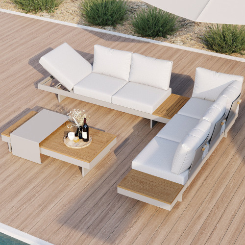 HMR 4-Pieces Modular Aluminum & Teak Outdoor Sofa Set for 6 Person - Light Gray