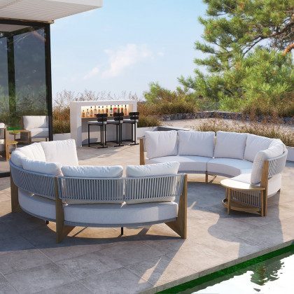 HMR - 8 Pieces Farmhouse Curved Modular Outdoor Patio Sectional Sofa Set with Coffee Table
