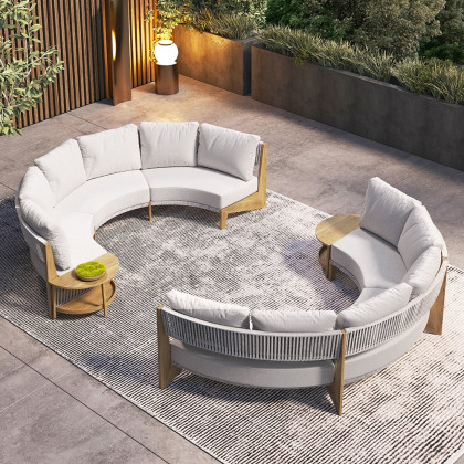 HMR - 8 Pieces Farmhouse Curved Modular Outdoor Patio Sectional Sofa Set with Coffee Table