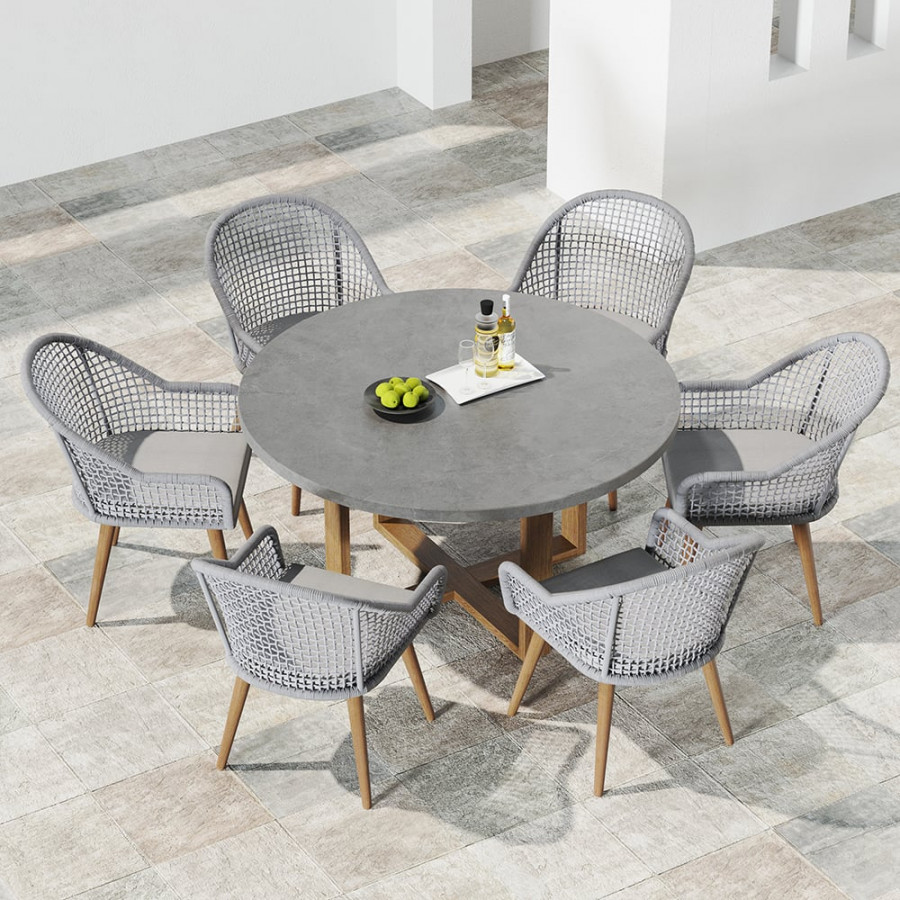 HMR - 7-Pieces Teak Round Outdoor Concrete Dining Set with Gray Table Woven Armchair 6-Person