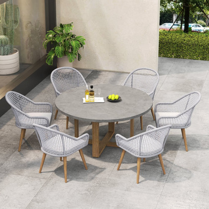HMR - 7-Pieces Teak Round Outdoor Concrete Dining Set with Gray Table Woven Armchair 6-Person