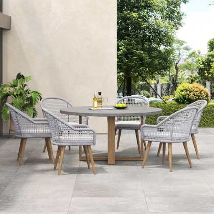 HMR - 7-Pieces Teak Round Outdoor Concrete Dining Set with Gray Table Woven Armchair 6-Person