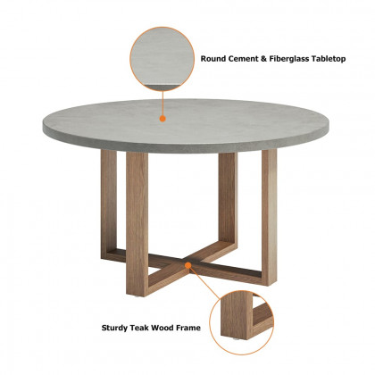 HMR - 7-Pieces Teak Round Outdoor Concrete Dining Set with Gray Table Woven Armchair 6-Person