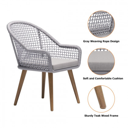 HMR - 7-Pieces Teak Round Outdoor Concrete Dining Set with Gray Table Woven Armchair 6-Person