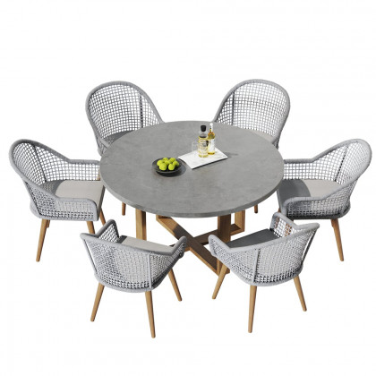 HMR - 7-Pieces Teak Round Outdoor Concrete Dining Set with Gray Table Woven Armchair 6-Person