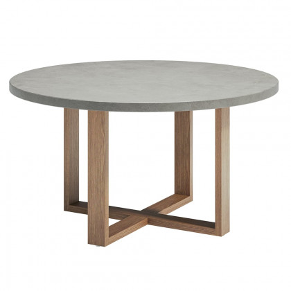 HMR - 7-Pieces Teak Round Outdoor Concrete Dining Set with Gray Table Woven Armchair 6-Person