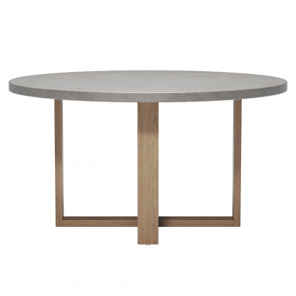 HMR - 7-Pieces Teak Round Outdoor Concrete Dining Set with Gray Table Woven Armchair 6-Person