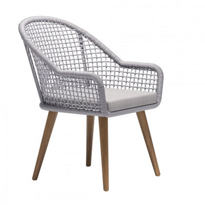 HMR - 7-Pieces Teak Round Outdoor Concrete Dining Set with Gray Table Woven Armchair 6-Person