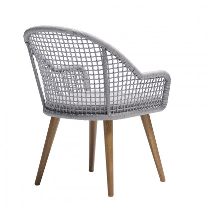 HMR - 7-Pieces Teak Round Outdoor Concrete Dining Set with Gray Table Woven Armchair 6-Person