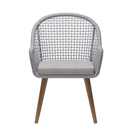 HMR - 7-Pieces Teak Round Outdoor Concrete Dining Set with Gray Table Woven Armchair 6-Person