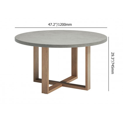 HMR - 7-Pieces Teak Round Outdoor Concrete Dining Set with Gray Table Woven Armchair 6-Person