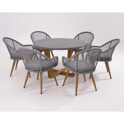 HMR - 7-Pieces Teak Round Outdoor Concrete Dining Set with Gray Table Woven Armchair 6-Person