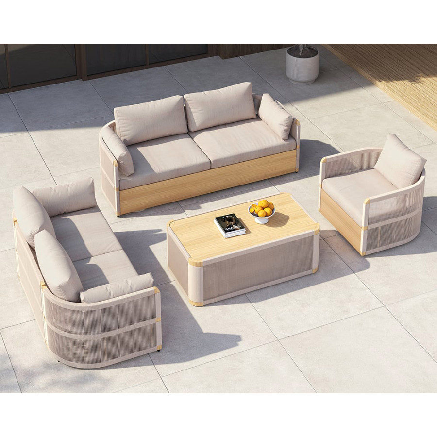 HMR - 4-Pieces Modern Aluminum & Rope Outdoor Sofa Set with Coffee Table