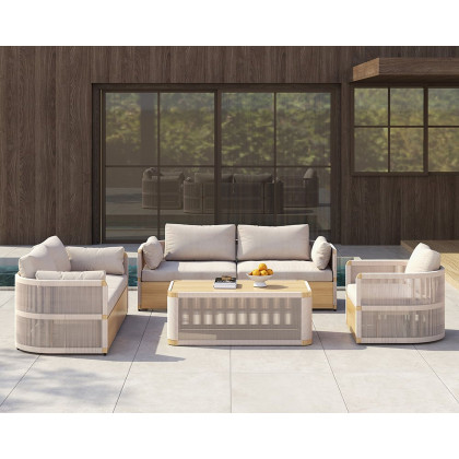 HMR - 4-Pieces Modern Aluminum & Rope Outdoor Sofa Set with Coffee Table