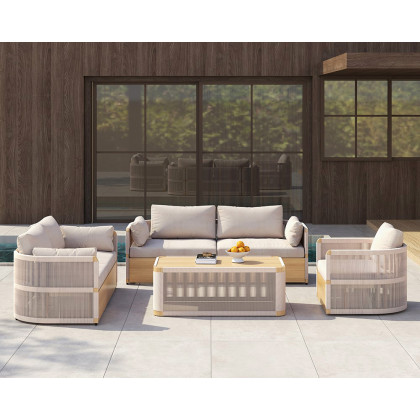 HMR - 4-Pieces Modern Aluminum & Rope Outdoor Sofa Set with Coffee Table