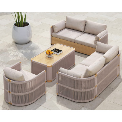 HMR - 4-Pieces Modern Aluminum & Rope Outdoor Sofa Set with Coffee Table