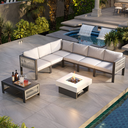 HMR 8-Pieces Modular Outdoor Sectional Sofa Set with Smokeless Fire Pit for 6 - Light Gray