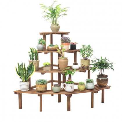 HMR - 4 Tier Multifunctional Tall Tiered Wood Outdoor Plant Stand Display Shelf Rack Natural