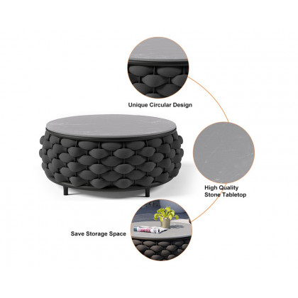 HMR Tatta Modern Faux Marble Top Round Outdoor Coffee Table with Textilene Rope Woven Base - Black, With Storage
