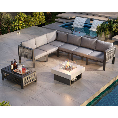HMR - 8-Pieces Modular Outdoor Sectional Sofa Set with Smokeless Fire Pit for 6