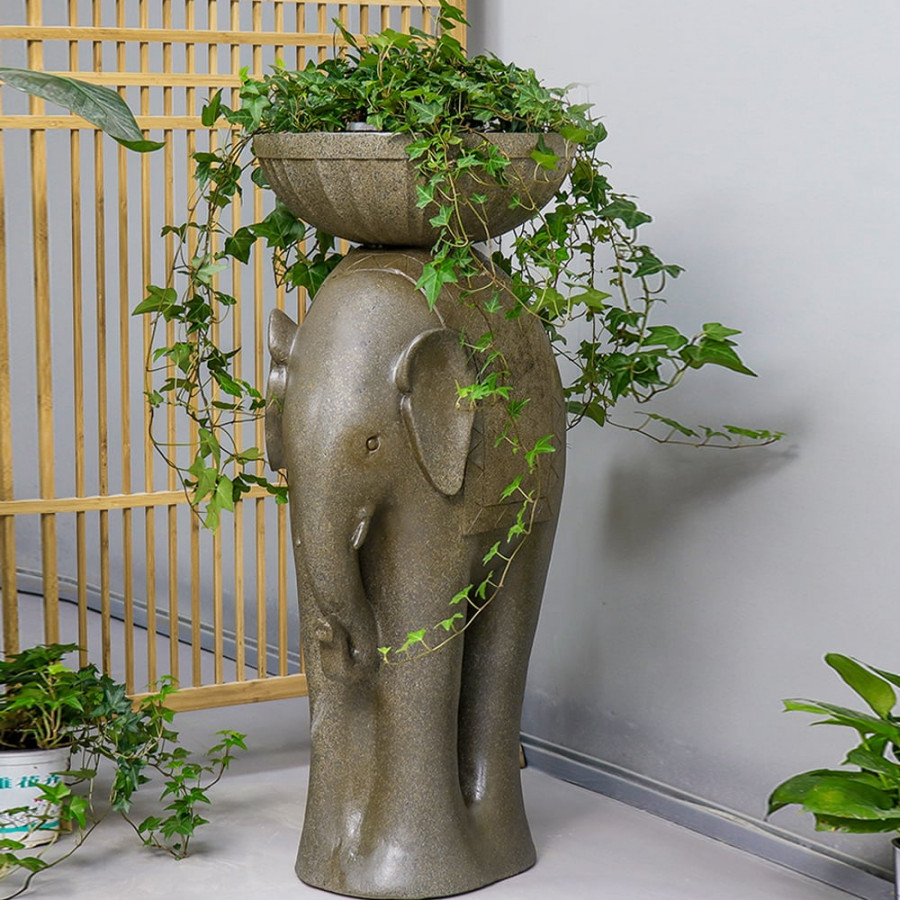HMR - 26" Outdoor Elephant Sculpture Resin Garden Statue Planter Bird Bath Figurine in Green