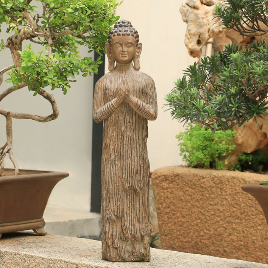 HMR - Outdoor Garden Standing Pray Buddha Statue Patio Distressed Brown Resin Sculpture Decor