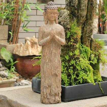 HMR - Outdoor Garden Standing Pray Buddha Statue Patio Distressed Brown Resin Sculpture Decor