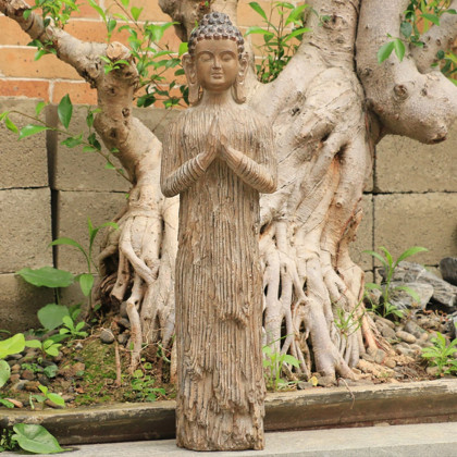 HMR - Outdoor Garden Standing Pray Buddha Statue Patio Distressed Brown Resin Sculpture Decor