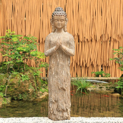 HMR - Outdoor Garden Standing Pray Buddha Statue Patio Distressed Brown Resin Sculpture Decor