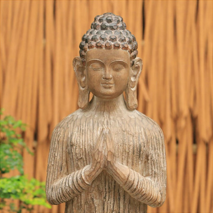 HMR - Outdoor Garden Standing Pray Buddha Statue Patio Distressed Brown Resin Sculpture Decor