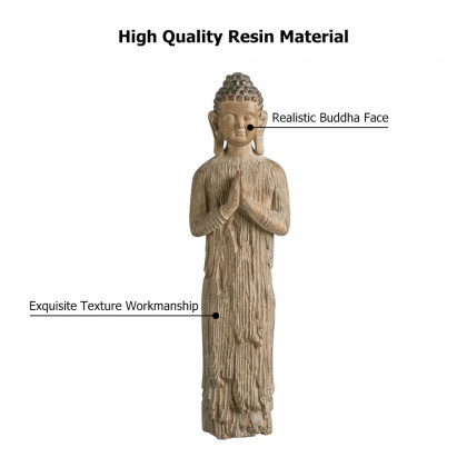 HMR - Outdoor Garden Standing Pray Buddha Statue Patio Distressed Brown Resin Sculpture Decor