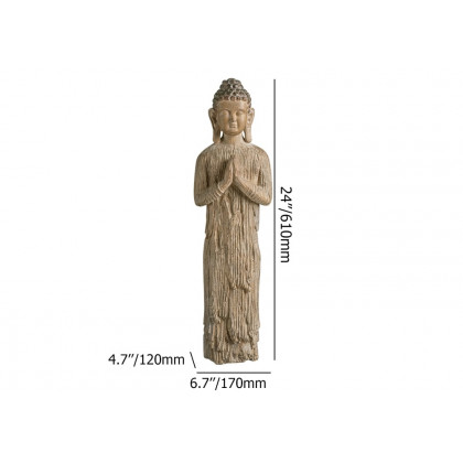 HMR - Outdoor Garden Standing Pray Buddha Statue Patio Distressed Brown Resin Sculpture Decor