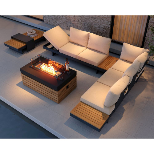 HMR - 5-Pieces Modular Teak Outdoor Sofa Set with Smokeless Fire Pit for 6 Person