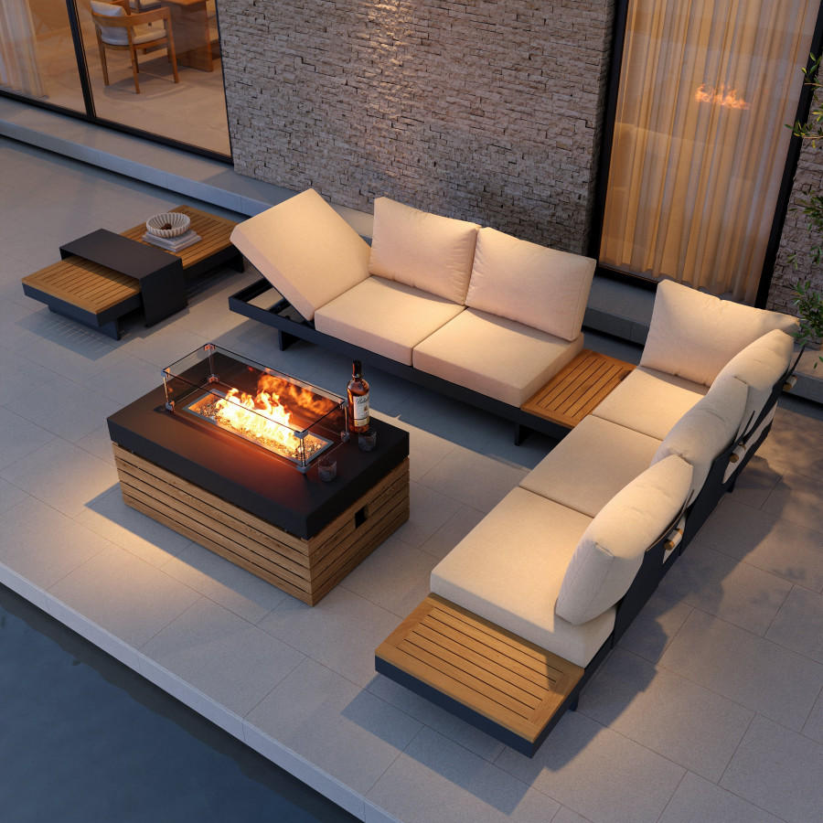 HMR - 5-Pieces Modular Teak Outdoor Sofa Set with Smokeless Fire Pit for 6 Person