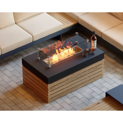 HMR - 5-Pieces Modular Teak Outdoor Sofa Set with Smokeless Fire Pit for 6 Person