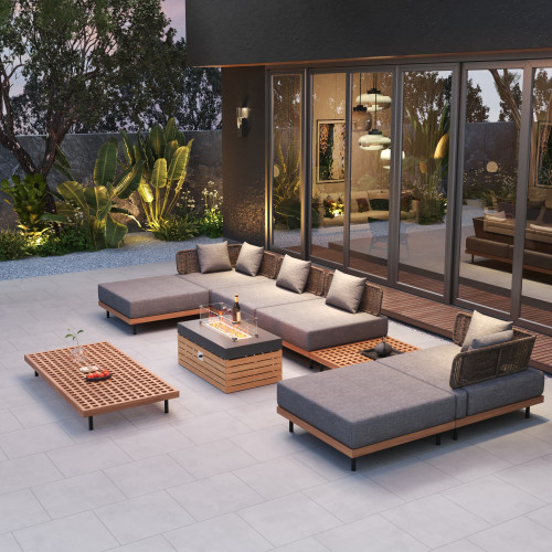 HMR Propane Gas Fire Pit Table with Glass Wind Guard & Outdoor Sectional Sofa Set - Gray
