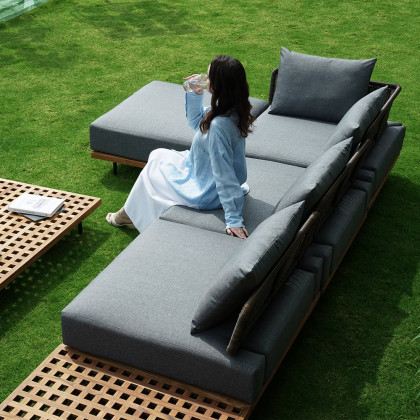 HMR Propane Gas Fire Pit Table with Glass Wind Guard & Outdoor Sectional Sofa Set - Gray