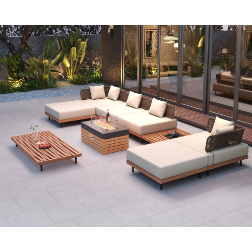 HMR - Propane Gas Fire Pit Table with Glass Wind Guard & Outdoor Sectional Sofa Set