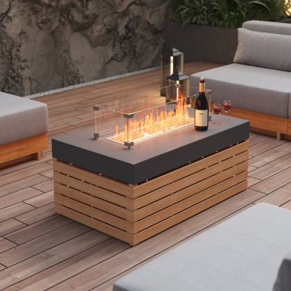 HMR - Propane Gas Fire Pit Table with Glass Wind Guard & Outdoor Sectional Sofa Set