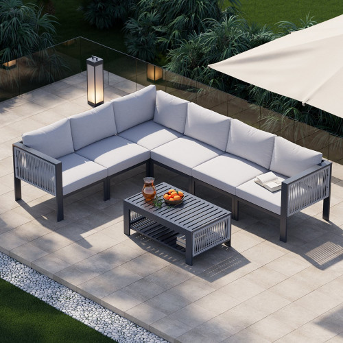 HMR 7-Pieces Modular Aluminum L-Shaped Outdoor Sectional Sofa Set for 6 Person - Light Gray