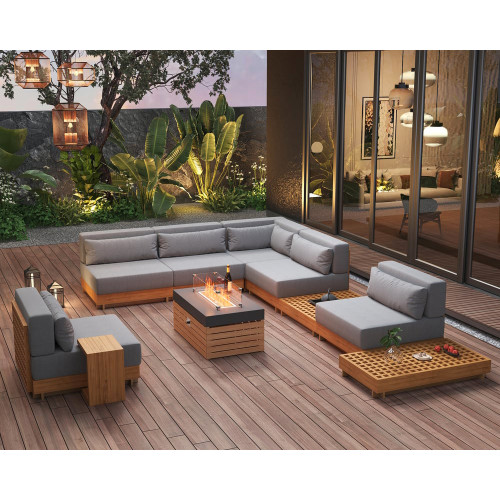 HMR - 10-Pieces Premium Teak Modular L-Shaped Outdoor Sofa Set with Fire Pit