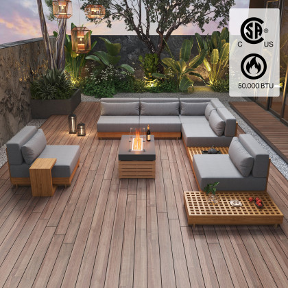 HMR - 10-Pieces Premium Teak Modular L-Shaped Outdoor Sofa Set with Fire Pit