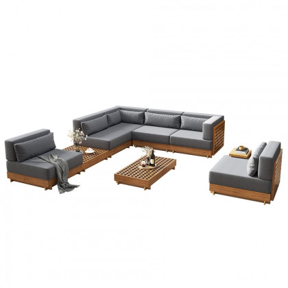 HMR - 10-Pieces Premium Teak Modular L-Shaped Outdoor Sofa Set with Fire Pit