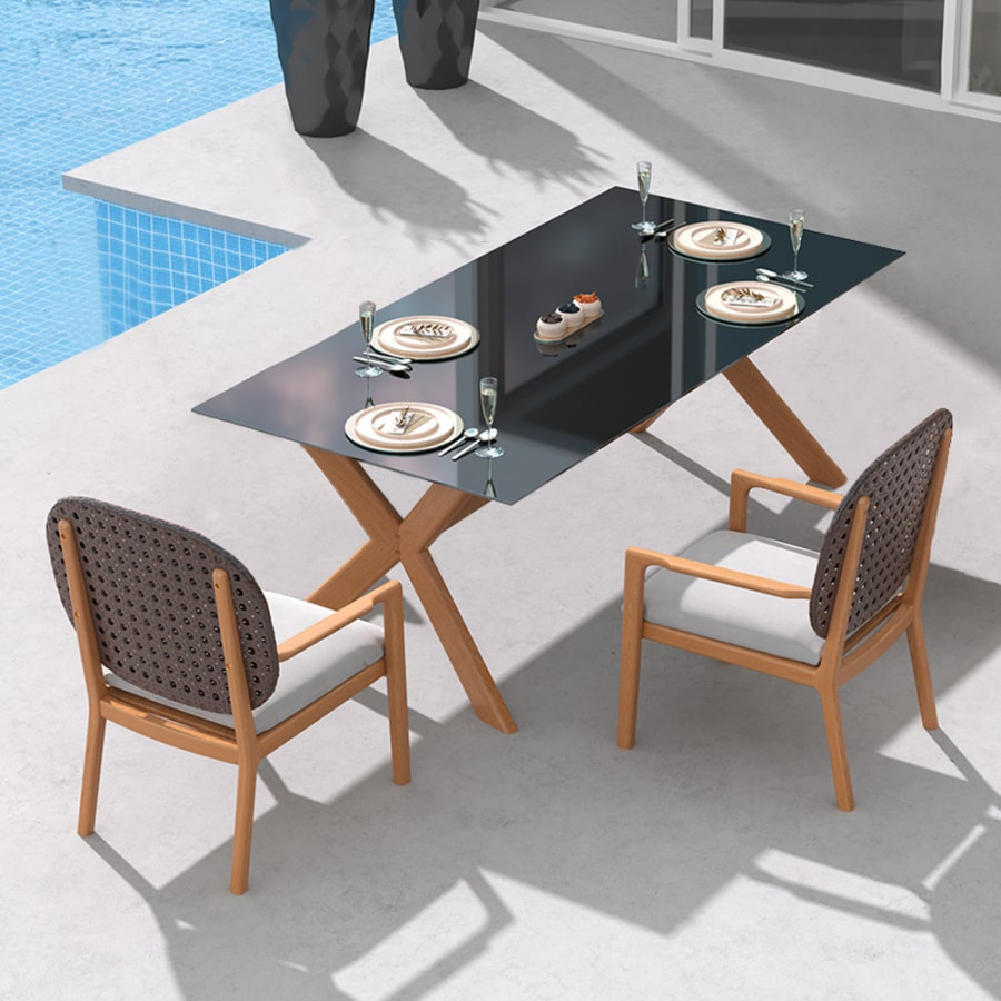 HMR - 3-Pieces Teak Wood Outdoor Dining Set with Glass Top Table Rattan Armchair in Natural