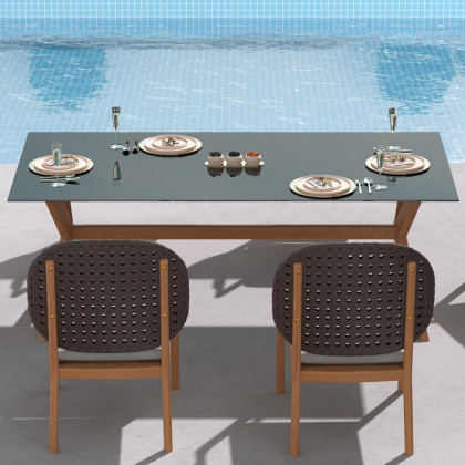HMR - 3-Pieces Teak Wood Outdoor Dining Set with Glass Top Table Rattan Armchair in Natural