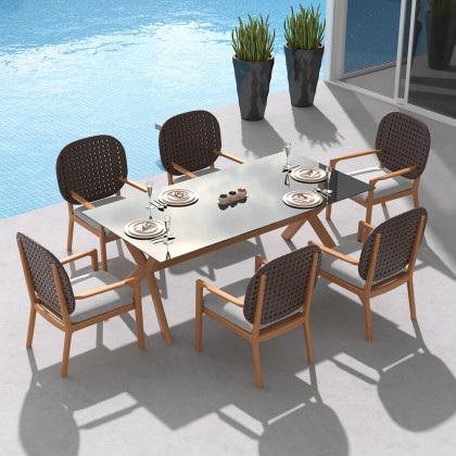 HMR - 3-Pieces Teak Wood Outdoor Dining Set with Glass Top Table Rattan Armchair in Natural